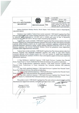 2. Etap Mollakasım, 3. Etap Hıroğlu-Hamidiye, 11. Etap Gedik, 16. Etap Topsöğüt ve 18. Dilek Mahallerini kapsayan Plan Değişikliği