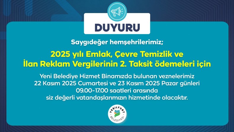 Yeşilyurt Belediyesi’nden Hafta Sonu Vezne Hizmeti!
